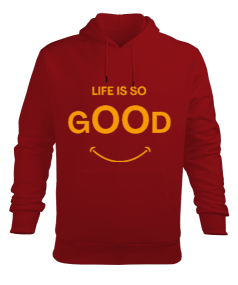 Tisho - Life is So Good Kırmızı Erkek Kapüşonlu Hoodie Sweatshirt