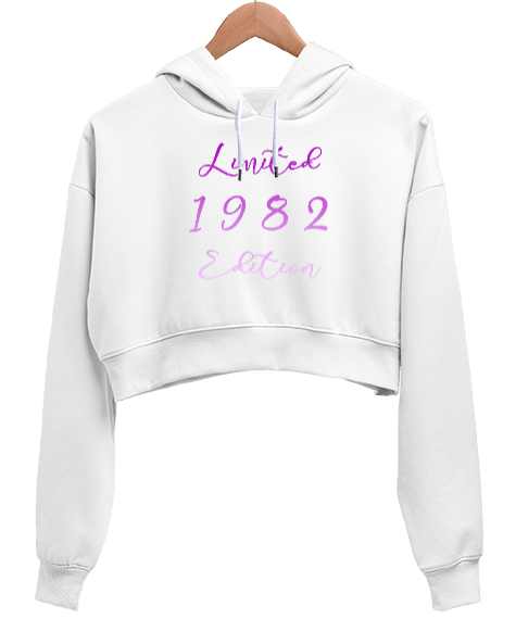 Tisho - Limited Edition 1982 Beyaz Kadın Crop Hoodie Kapüşonlu Sweatshirt