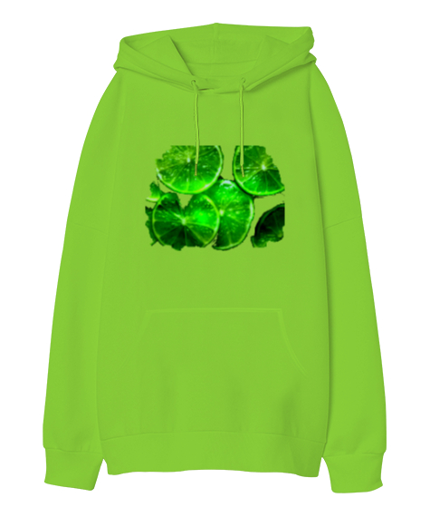 Tisho - Limon baskı Fıstık Yeşili Oversize Unisex Kapüşonlu Sweatshirt
