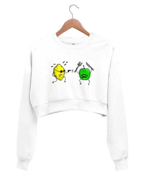 Tisho - Limon ve Elma - Lemon And Apple Beyaz Kadın Crop Sweatshirt