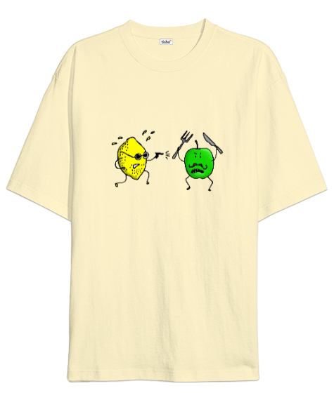 Tisho - Limon ve Elma - Lemon And Apple Krem Oversize Unisex Tişört