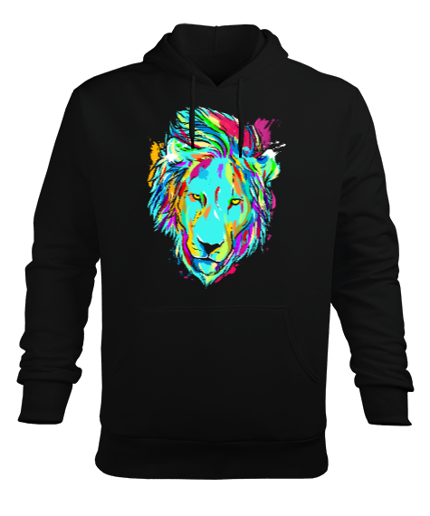 Tisho - Lion Watercolor - Aslan Suluboya Baskılı Siyah Erkek Kapüşonlu Hoodie Sweatshirt