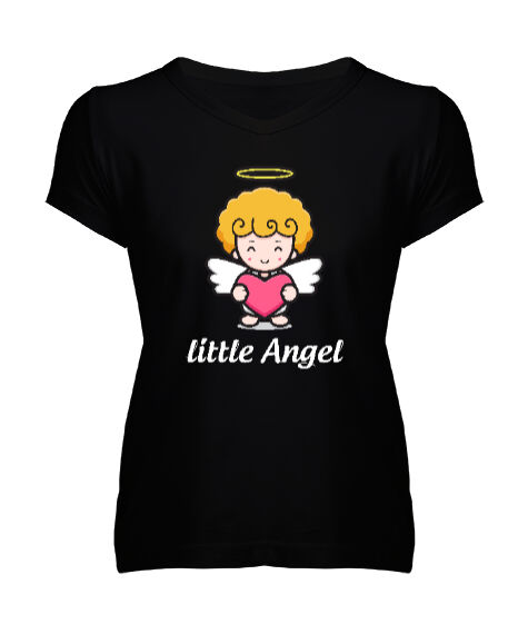 Tisho - Little Angel Siyah Kadın V Yaka Tişört