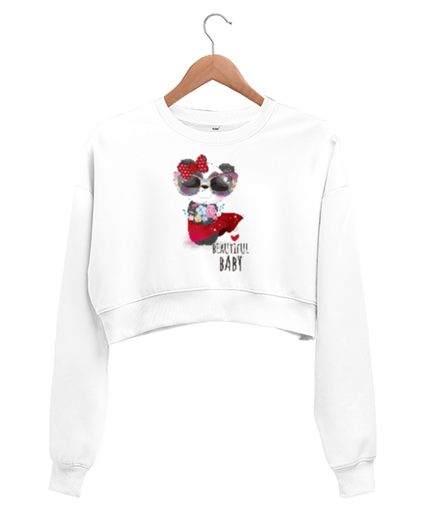 Tisho - Little Panda - Beautiful Baby Beyaz Kadın Crop Sweatshirt