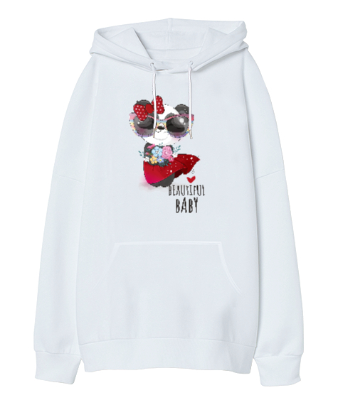 Little Panda - Beautiful Baby Beyaz Oversize Unisex Kapüşonlu Sweatshirt - Tisho