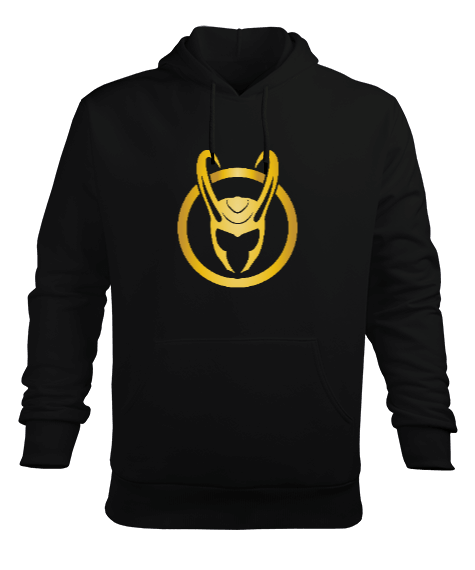 Tisho - Loki Horned Helmet Baskılı Siyah Erkek Kapüşonlu Hoodie Sweatshirt