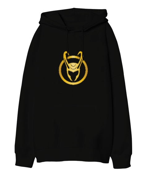 Tisho - Loki Horned Helmet Baskılı Siyah Oversize Unisex Kapüşonlu Sweatshirt
