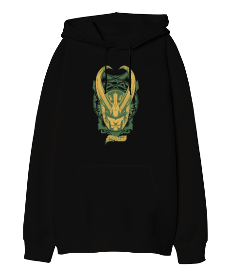 Tisho - Loki Norse Baskılı Siyah Oversize Unisex Kapüşonlu Sweatshirt