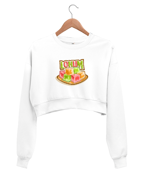 Tisho - Lokum baskılı Beyaz Kadın Crop Sweatshirt