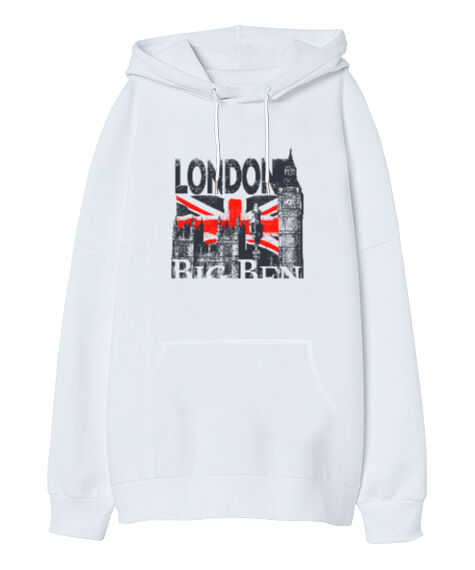 Tisho - Londra - London - Beyaz Oversize Unisex Kapüşonlu Sweatshirt