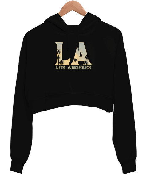 Tisho - Los Angeles California Baskılı Siyah Kadın Crop Hoodie Kapüşonlu Sweatshirt