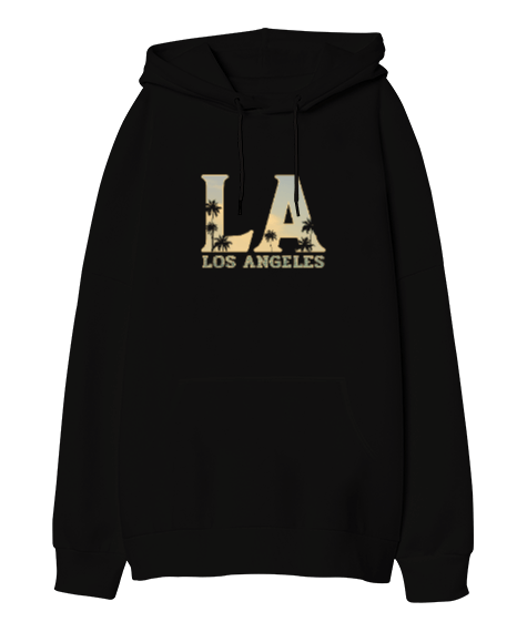 Tisho - Los Angeles California Baskılı Siyah Oversize Unisex Kapüşonlu Sweatshirt