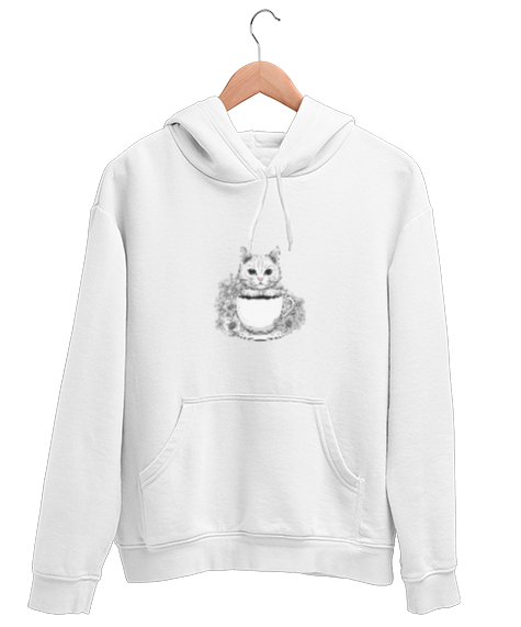 Tisho - Lotus Dövmeli Kedi Beyaz Unisex Kapşonlu Sweatshirt