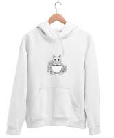 Lotus Dövmeli Kedi Beyaz Unisex Kapşonlu Sweatshirt - Tisho