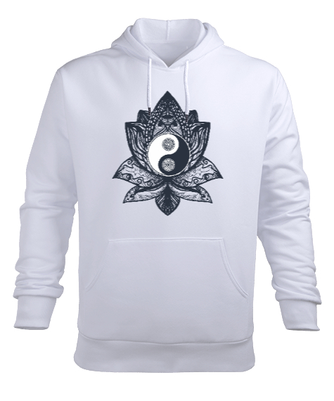 Tisho - Lotus Yin Yang Yoga Baskılı Beyaz Erkek Kapüşonlu Hoodie Sweatshirt