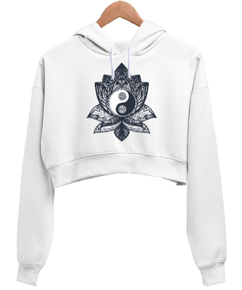Tisho - Lotus Yin Yang Yoga Baskılı Beyaz Kadın Crop Hoodie Kapüşonlu Sweatshirt