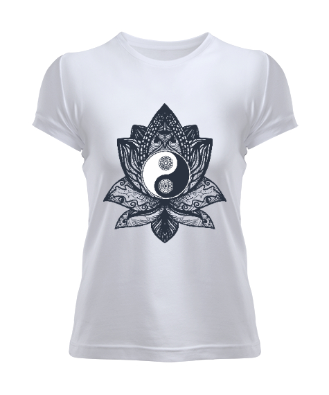 Tisho - Lotus Yin Yang Yoga Baskılı Beyaz Kadın Tişört