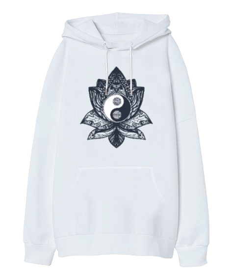 Tisho - Lotus Yin Yang Yoga Baskılı Beyaz Oversize Unisex Kapüşonlu Sweatshirt