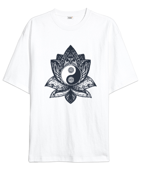 Tisho - Lotus Yin Yang Yoga Baskılı Beyaz Oversize Unisex Tişört