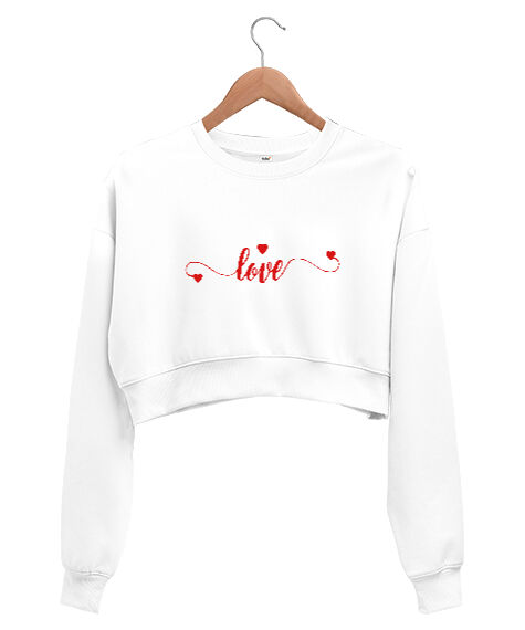 Tisho - Love Baskılı Beyaz Kadın Crop Sweatshirt