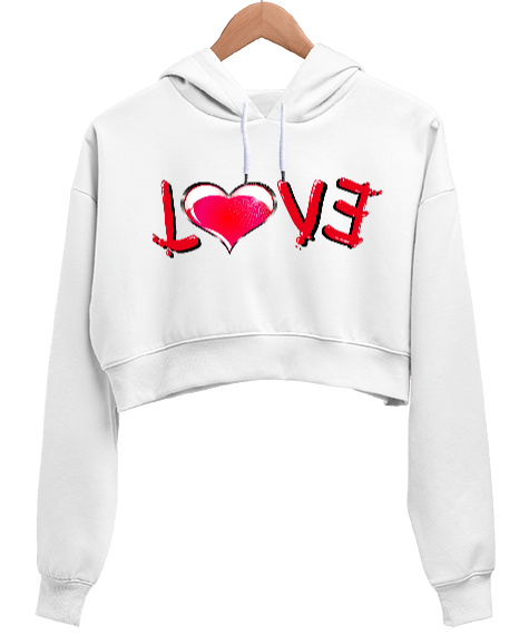 Tisho - LOVE Beyaz Kadın Crop Hoodie Kapüşonlu Sweatshirt