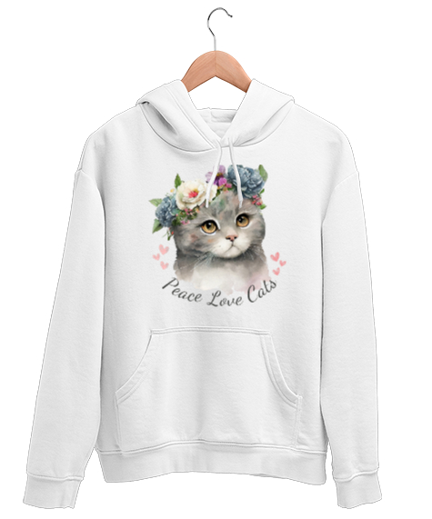 Tisho - Love Cats Beyaz Unisex Kapşonlu Sweatshirt