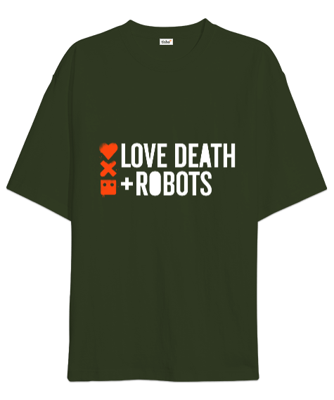 Tisho - Love Death Robots Baskılı Haki Yeşil Oversize Unisex Tişört