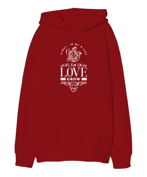 Tisho - Love Grow Kırmızı Oversize Unisex Kapüşonlu Sweatshirt