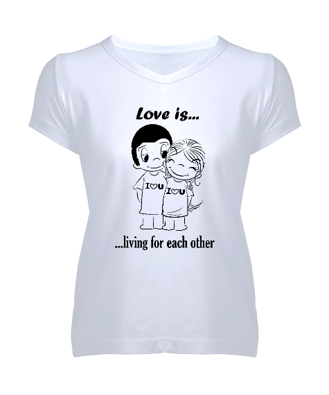 Tisho - LOVE İS Beyaz Kadın V Yaka Tişört