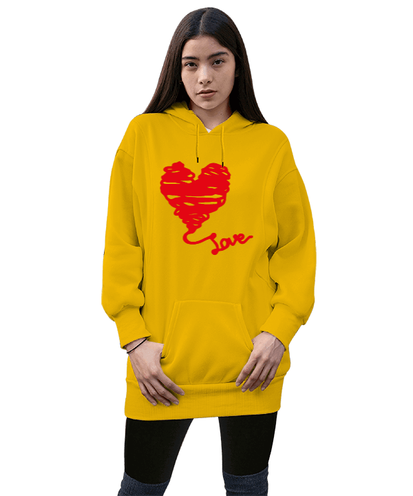 Tisho - love kalp kadın uzun sweatshirt Kadın Uzun Hoodie Kapüşonlu Sweatshirt