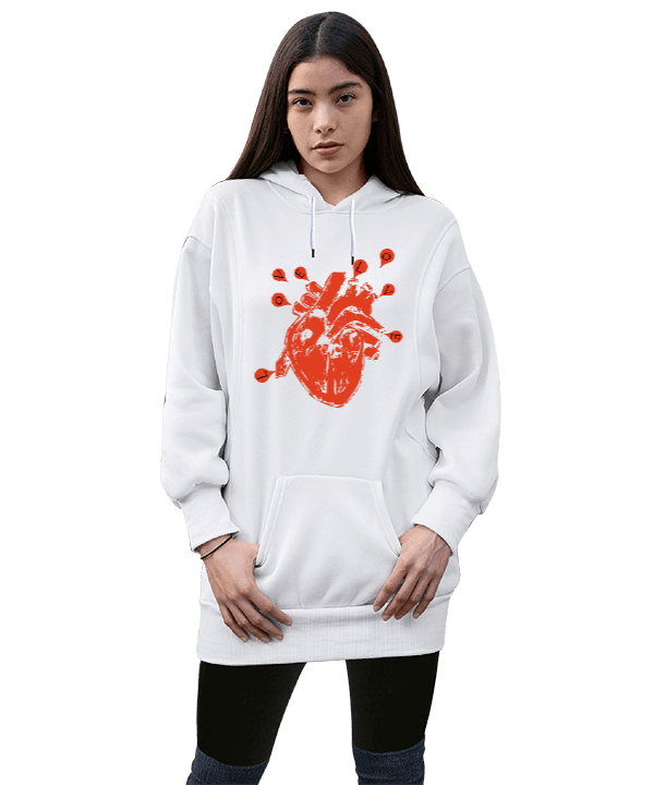 Tisho - love kalp kadın uzun sweatshirt Kadın Uzun Hoodie Kapüşonlu Sweatshirt