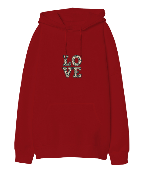Tisho - LOVE Kırmızı Oversize Unisex Kapüşonlu Sweatshirt