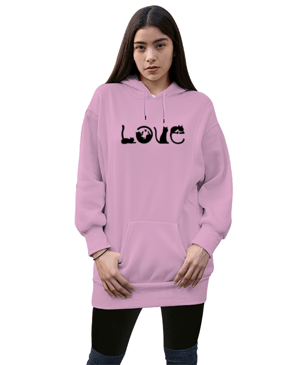 Tisho - LOVE MY CAT T HOODIE KADIN LOVE MY CAT KAPŞONLU SWEAT HAYVAN SEVGİSİ Kadın Uzun Hoodie Kapüşonlu Sweatshirt