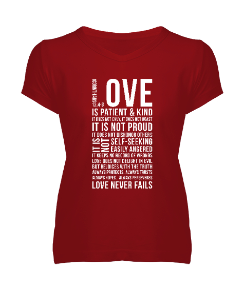 Tisho - Love Never Fails - Sevgi Aşk Kırmızı Kadın V Yaka Tişört