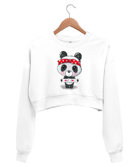 Tisho - Love Panda Beyaz Kadın Crop Sweatshirt