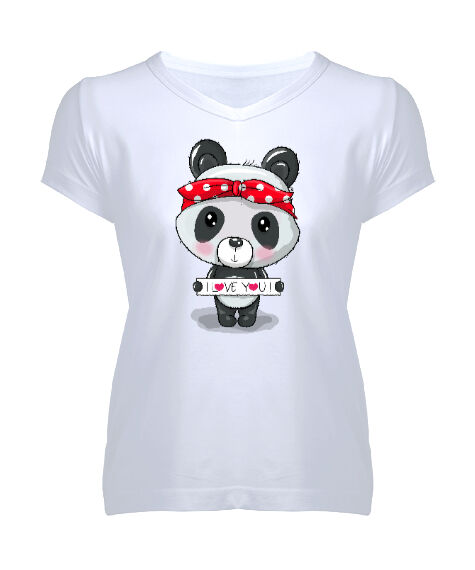Tisho - Love Panda Beyaz Kadın V Yaka Tişört