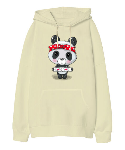 Tisho - Love Panda Krem Oversize Unisex Kapüşonlu Sweatshirt