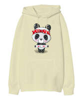 Love Panda Krem Oversize Unisex Kapüşonlu Sweatshirt - Tisho