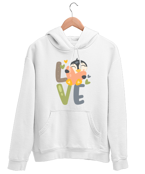 Tisho - Love Penguen Beyaz Unisex Kapşonlu Sweatshirt