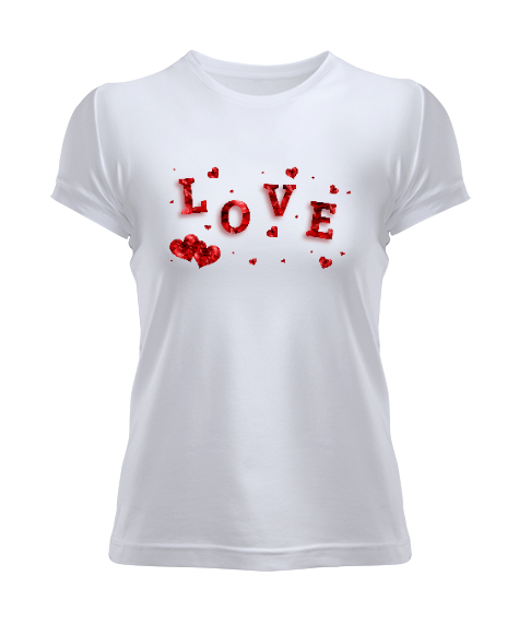 Tisho - Love - Sevgi - Aşk ve Kalpler Beyaz Kadın Tişört