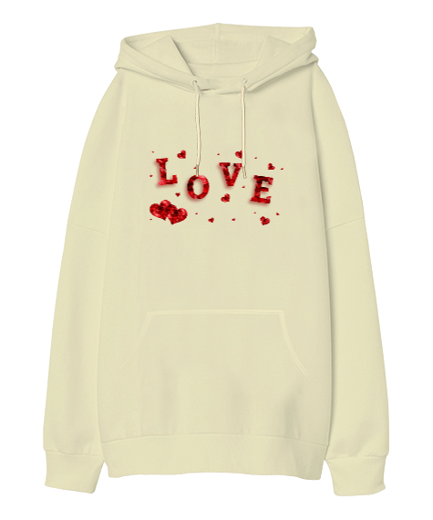 Tisho - Love - Sevgi - Aşk ve Kalpler Krem Oversize Unisex Kapüşonlu Sweatshirt