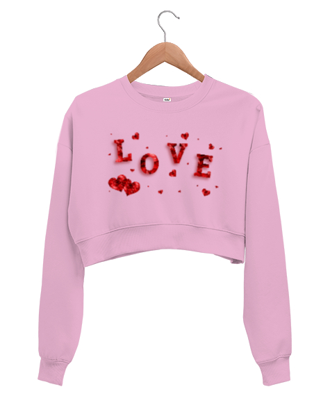Tisho - Love - Sevgi - Aşk ve Kalpler Pembe Kadın Crop Sweatshirt
