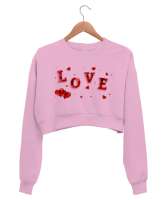 Love - Sevgi - Aşk ve Kalpler Pembe Kadın Crop Sweatshirt - Tisho