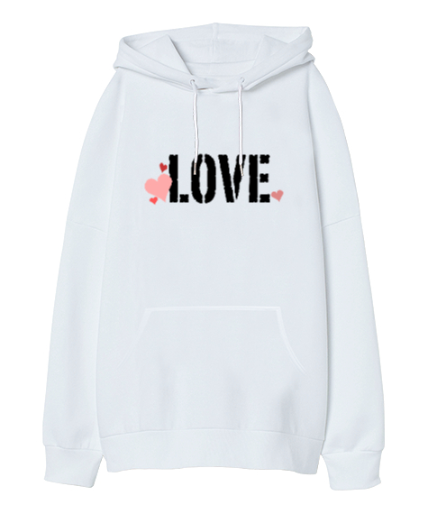 Tisho - Love - Sevgi Beyaz Oversize Unisex Kapüşonlu Sweatshirt