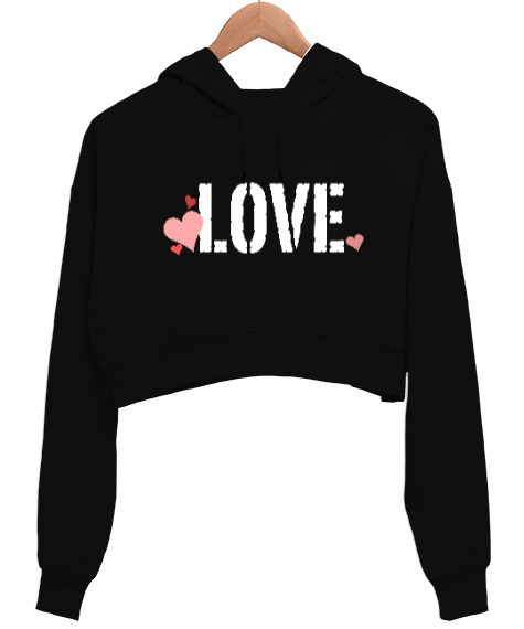 Tisho - Love - Sevgi Siyah Kadın Crop Hoodie Kapüşonlu Sweatshirt