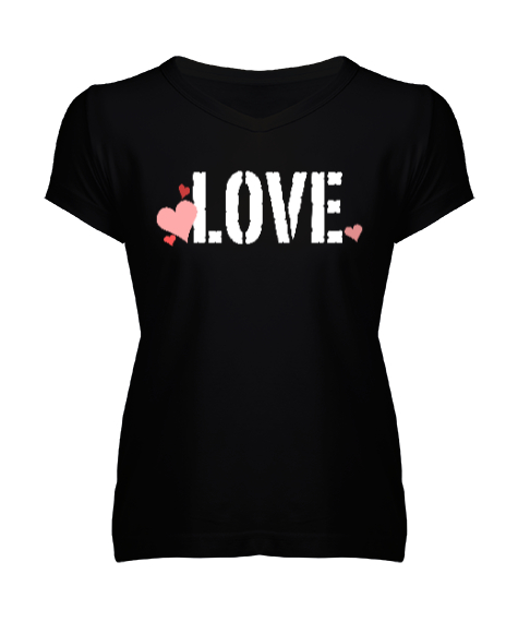 Tisho - Love - Sevgi Siyah Kadın V Yaka Tişört