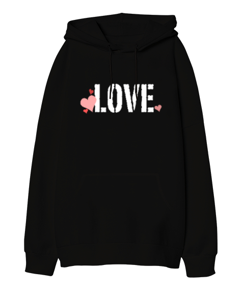 Tisho - Love - Sevgi Siyah Oversize Unisex Kapüşonlu Sweatshirt