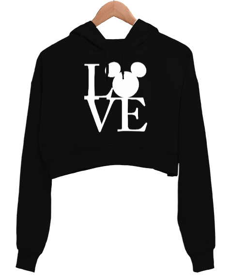 Tisho - Love Sevgililer Günü 14 Şubat Tasarım Baskılı Siyah Kadın Crop Hoodie Kapüşonlu Sweatshirt