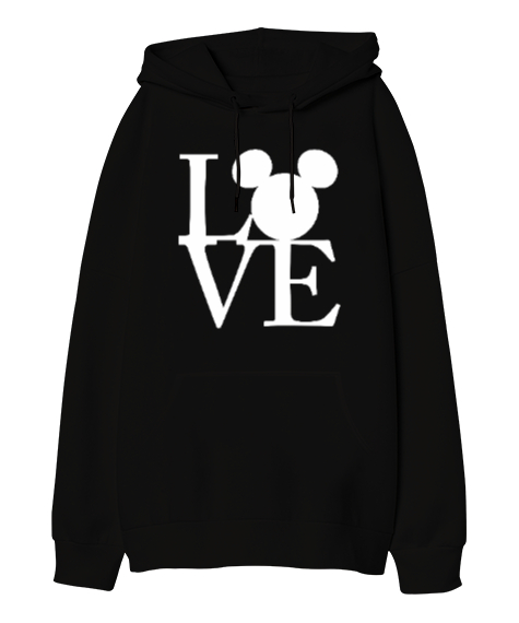 Tisho - Love Sevgililer Günü 14 Şubat Tasarım Baskılı Siyah Oversize Unisex Kapüşonlu Sweatshirt