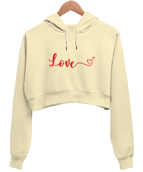Tisho - Love Sevgililer Günü Baskılı Krem Kadın Crop Hoodie Kapüşonlu Sweatshirt